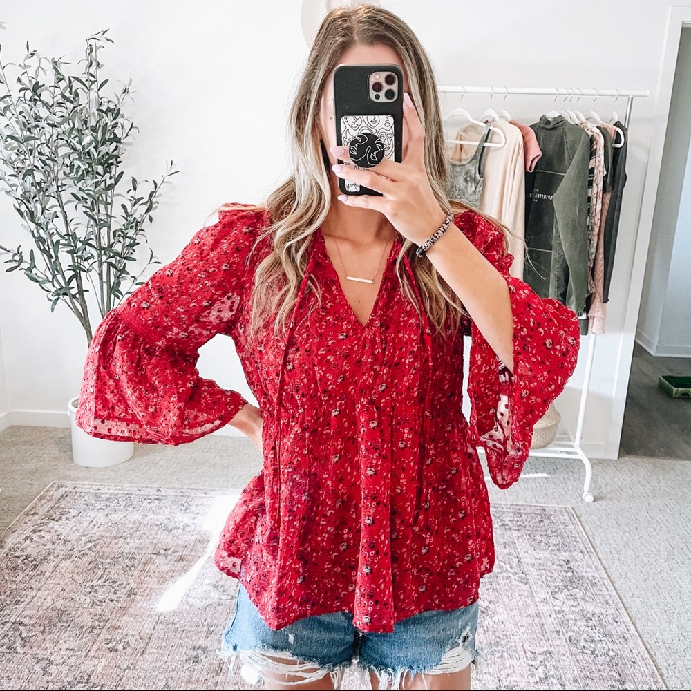 LUCKY BRAND Red Floral Chiffon BOHO Top - Picture 11 of 12